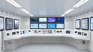 Control Room Command Center: Capturing the essence of cutting-edge technology and strategic operational design, this image reveals an immaculate control room with a state-of-the-art command center.