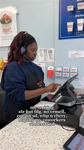 Love her. Every shift comes with a new guessing game. 😁 #WhitsUp #WhitsCrew #CoworkerHumor #WorkBesties #FoodServiceLife #WhitsForDessert #BehindTheScenes #TicketConfusion | Whit's Frozen Custard of Mandarin