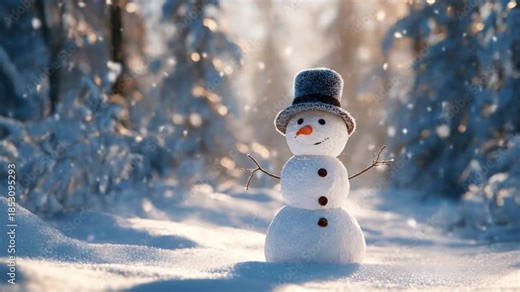 Snowman with top hat and coal eyes stands in a sunlit snow-dusted forest clearing. Snowy woods glow