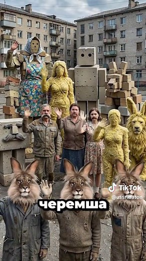 В советском дворе всё наконец стало на свои места. Три Черемши вышли вперёд — один в рабочем, один в костюме, один просто как есть. У каждого на руках — ещё одна Черемша, будто так и должно быть. Сзади собрались все остальные: шлак, стекловата, усы, халаты — полный порядок. Никто ничего не объясняет, никто не задаёт вопросов. Все просто стоят, машут и делают вид, что так было всегда. И чем дольше смотришь, тем меньше хочется разбираться. #черемша #джойка #ссср #joyca #советскийсоюз