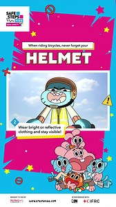 Buckle in that strap, there's no time for mishaps! 🚴‍♂️ ​ Share this with your cyclist friends to remind them to always wear their helmets! 😉​ For more Road Safety Tips: https://www.safestepskids.com/road-safety​ #SafeStepsKids Prudence Foundation International Federation of Red Cross and Red Crescent Societies | Cartoon Network