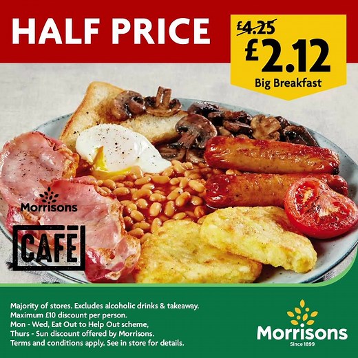 Calling all Cafe fans, we've got some great news - you can now enjoy 50% off our entire Morrisons Cafe menu, all day, everyday. That means you can tuck into Afternoon Tea for Two for £5, a Bacon Butty for £1, and a Fish and Chip Supper for £2.25. Now that's a bargain! #EatOutToHelpOut #FeedingTheNation #MorrisonsCafe #ItsMoreThanOurJob | Morrisons
