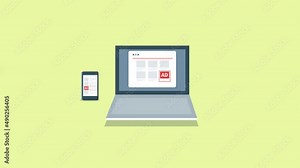 Native advertising on desktop and mobile screen. Paid media ads, sponsored content improve user experience, online communication marketing, media buying concept. 2d animation 4k video clip.