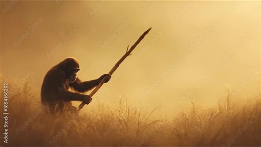 Australopithecus ape using a stick for tool use in a grassy field, depicting early hominid behavior and primitive gathering.