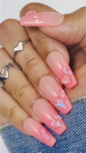 ✨ Peach Ombre Nails with Iridescent Gems