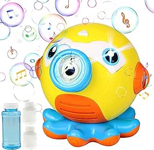 Bubble Machine Octopus Automatic Blower with Music and Lights, Maker Splash-Proof Design 160ml Liquid, 3000+Bubbles Per Minute, Suitable for PartyPicnicWedding, Yellow, Medium