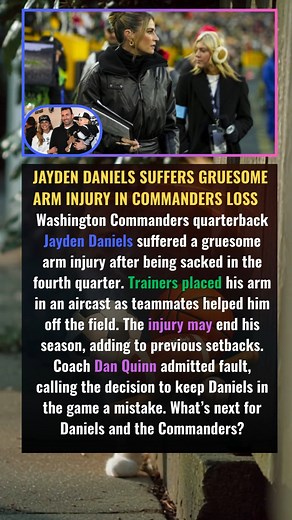 Jayden Daniels Suffers Gruesome Arm Injury in Commanders Loss Washington Commanders quarterback Jayden Daniels suffered a gruesome arm injury after being sacked in the fourth quarter. Trainers placed his arm in an aircast as teammates helped him off the field. The injury may end his season, adding to previous setbacks. Coach Dan Quinn admitted fault, calling the decision to keep Daniels in the game a mistake. What’s next for Daniels and the Commanders? | BGA
