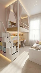 A complete shared kids bedroom transformation—designed to be playful, modern, and super tidy. Loft bed with child-safe stairs, toy storage under the steps, a built-in desk for two, and a lower daybed with drawers. Finished with rainbow pastels, cloud decor, star ceiling stickers, soft carpet, and warm lighting—plus bright natural daylight from the big window on the right. #KidsRoom #KidsRoomDecor #KidsBedroom #RoomMakeover #BeforeAfter #SmallSpaceDesign #LoftBed #SpaceSaving #BuiltInFurniture #H
