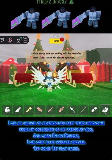 I will be adding all players who left their username from my comments of my previous vids, And when I’m on Roblox, I will wait in my private server. 1st come 1st play basis. #roblox #robloxfyp #99nightsintheforest #99nightsintheforestroblox #greatteameffort