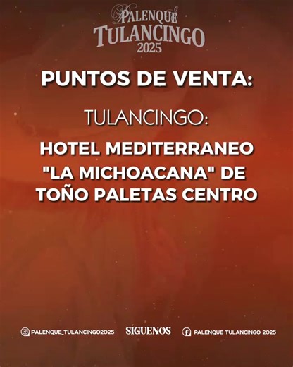 🎟️ ¿Ya adquiriste tus boletos para el Palenque Tulancingo 2025? ¡No te quedes fuera de los conciertos más esperados del año! 🔥 📍 La Michoacana de Toño Paletas – Tulancingo 🕒 Lunes a sábado | 11:00 AM – 7:00 PM 📍 Hotel Mediterráneo – Tulancingo 🕒 Lunes a domingo | 11:00 AM – 7:00 PM 📍 Plaza El Dorado, Local 37 – Pachuca (Calle Guerrero) 🕒 Lunes a sábado | 11:00 AM – 7:00 PM 🕒 Domingo | 11:00 AM – 6:45 PM 📲 O cómpralos en línea en: 🌐 hercaticket.com (más cargo por servicio) Herca Stage 