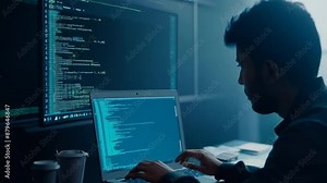 Male Programmer typing Software Code for Blockchain Project, Developing Backend System. Developer working on Computer pc. Guy write line of code. Big data security. Hacker hack program. Cybersecurity.