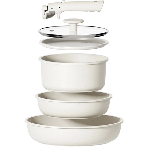 Carote 6 Pcs Nonstick Pots and Pans, Cookware Set with Detachable Handle, Oven Safe, Stackable Kitchen Cookware, White