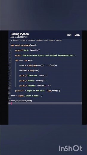 Words, binary convert numbers and length python. #pythonprogramming #python #coding#html #coder #css
