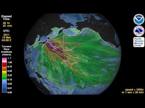 Tsunami Animation: Tohoku, Japan 2011 (rotating globe)