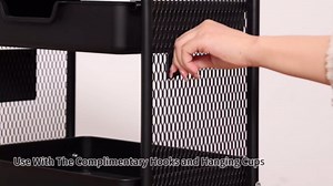 3-Tier Rolling Cart with Drawer, Metal Utility Storage Cart Organizer with Lockable Wheels&Hanging Cups&Hooks, Mobile Storage Craft Carts Trolley with Mesh Shelves for Kitchen, Office-White