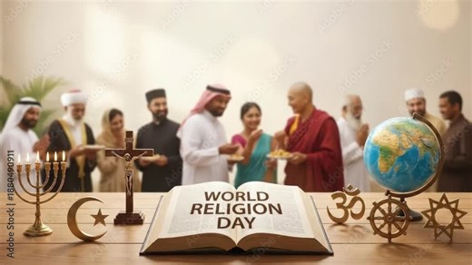 This evocative video captures a powerful representation of religious diversity and global unity. Various sacred symbols, including a menorah, crucifix, crescent moon with star, Om symbol, Dharma wheel