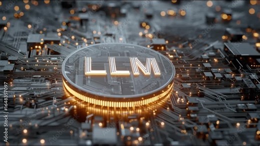 Large Language Model. LLM. AI training. Deep learning. Machine learning. A digital representation of a coin on a circuit board background.