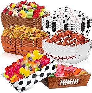 Hoolerry 48 Pack Sports Themed Party Paper Food Trays Birthday Decorations Disposable Paper Food Boats Nacho Snack Candy Hot Dog Trays for Basketball Soccer Football Baseball(3.4 x 4.7 x 1.6 Inch)