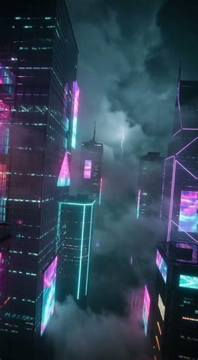 Neon-Covered Skyscrapers in a Midnight Tempest