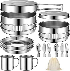 14 Piece Camp Cooking Set, Stainless Steel Camping Cookware with Pot and Pan Kit 2 Set Stainless Steel Cups Plates Forks Knives Spoons for Camping, Backpacking, Outdoor Cooking and Picnic