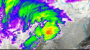 Here's a GOES EAST WEATHER SATELLITE ANIMATION of our Friday storm system---a system which is predicted to generate a central barometric pressure lower than the November 1975 storm on Lake Superior in which the Edmund Fitzgerald sank. Superimposed on this color-enhanced satellite animation are SURFACE WIND STREAMLINES (which are appear as "yellow" lines). These lay out the surface wind circulation into the mammoth winter storm behind Friday's challenging weather. THIS ANIMATION is courtesy of th