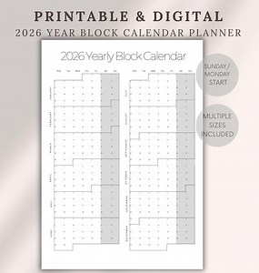 2026 Minimalist Block Calendar Printable | Yearly Wall Planner (digital Download) - Etsy
