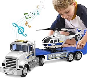 22" Semi Police Truck Toy with Helicopter for Kids Toddlers -Police Car Toys, Birthday for Boy Girl Toddler Child 3 4 5 6 7 Years Old