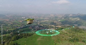 Delivery by self-driving drones. A drone controlled by sensory intelligence delivers goods and orders to the customer. Artificial intelligence delivers the package