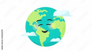 Animated colorful earth character globe emoji. Sustainable living concept. Friendly kawaii earth character motion graphic design. Eco friendly, save ecology, Earth day concept. World map globe. Earth