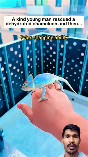 The man rescued a chameleon. The chameleon was sick so the man made the chameleon healthy.