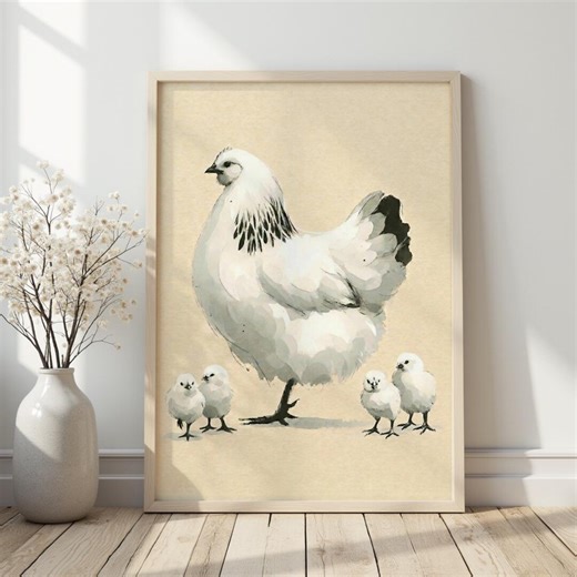 White Hen and Chicks Wall Art, Farm Animal Print, Soft Cottagecore Kitchen Artwork, Printable Decor, Digital Download - Etsy