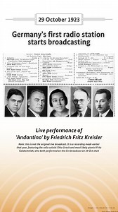 7.4K views · 297 reactions |  This is what listeners would have heard 100 years ago when Germany's first radio station launched on 29 October 1923... The hour-long live musical performance was broadcast from Vox-Haus, Berlin and the first piece of music performed on the wireless was Fritz Kreisler's 'Andantino'. | German Embassy London | Facebook