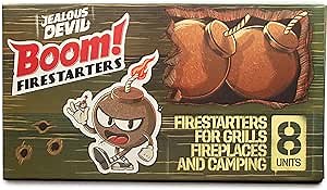 Jealous Devil Boom! Firestarters 8 Pack, 100% Natural Made from Coconut Fiber, No Smoke and Odorless, Waterproof, 20-Minute Long Burn for BBQ Lump Charcoal, Briquettes, Fireplace, Camping and More