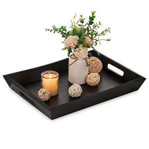 Hanobe Black Decorative Serving Tray with Handle， Farmhouse Rectangle Wooden Coffee Table Tray
