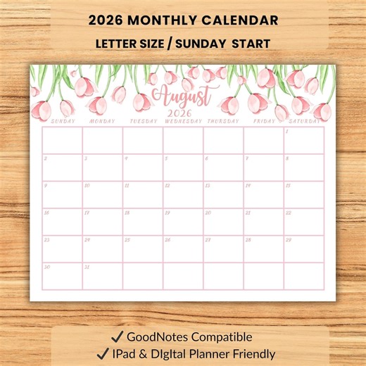 August Printable 2026 Month Calendar Watercolor Floral Monthly 2026 Planner Cute Seasonal Themed Wall Calendar Sunday Start Style Landscape - Etsy Australia
