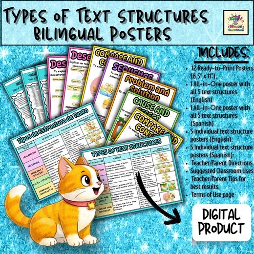 Bilingual Text Structure Posters | English Spanish Reading Anchor Charts | Teacher Classroom Printable, Digital, Ready to Go Set for 3rd-6th - Etsy