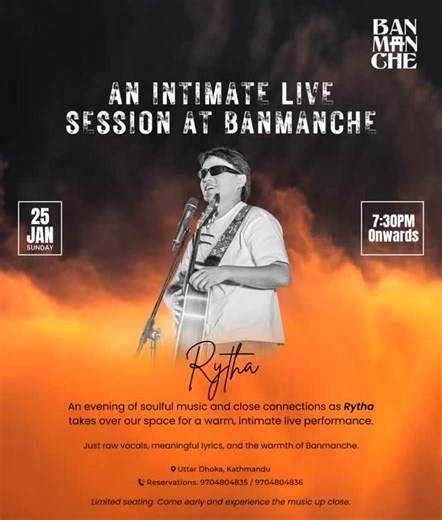Banmanche, The Himalayan Courtyard on Instagram: "When the lights soften and the music speaks quietly to the soul ✨ An intimate evening at Banmanche, where Rytha’s raw vocals and heartfelt lyrics fill the room with warmth, connection, and moments meant to be felt, not rushed. 📍 Uttar Dhoka, Kathmandu 🕢 7:30 PM onwards 📞 9704804835 / 9704804836 #BanManChe #LiveMusicEvening #SoulfulVibes #IntimateConcert #KathmanduNights"