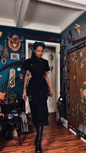 𖤐 Jax 𖤐 on Instagram: "A simple soft romantic goth look, perfect for date night or a funeral ✨🐈‍⬛✨ Mesh maxi dress @noctex Ruffle garter skirt and puff sleeve bolero @foxbloodshop Chainmail cross belt, long flail necklace, and Chainmail spike earrings @heartofsteeljewelry Boots @lamoda Purse vintage ✨🖤✨ #gothstyle #gothfashion #allblackoutfit #foxbloodshop #noctex #heartofsteel"