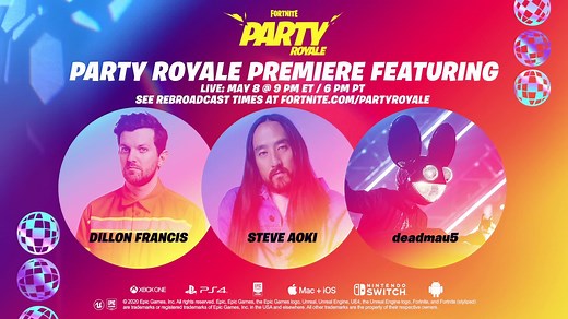 Fortnite now has over 350 million registered players! In April, players spent over 3.2 billion hours in game. 🙌🥳 Let’s keep the party going with our Party Royale Premiere LIVE on May 8 at 9PM ET featuring Dillon Francis, Steve Aoki and deadmau5. To celebrate the Premiere you can get the music reactive Neon Wings Back Bling for FREE from May 8 at 6PM ET - May 11 at 10AM ET! More info: https://fn.gg/PartyRoyalePremiere | Fortnite