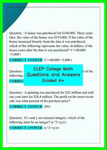 CLEP College Math Questions and Answers Graded A+ video