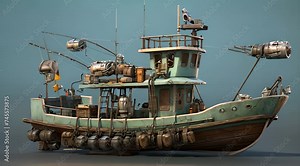 Abstract animation of fishing boat. Sail, sea, ship, captain, pirate, deck, mast, ocean, voyage, helm, anchor, sailor, wind, stern, torpedo, calm. Generated by AI.