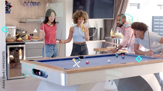 Four adults around blue-felt pool table, striking cue, sending balls scattering for leisure