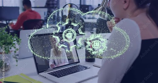 Woman viewing laptop for work, data pulsing forming gear cloud over display hiding remote colleague