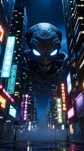 :A giant alien standing in a dark futuristic city #alienscifi #godsandrobots #aivideo
