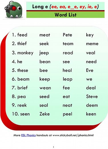 ESL Phonics Lessons: Long e #1 - Stickyball ESL Lessons