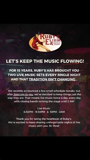 Yup, you heard that right! 🙌 We’re keeping the vibe going just like we have for the past 15 years! September = business as usual: Two live bands every night! Opener at 6:30pm 🔥 Main band throwing down from 10pm–2am Same energy. Same late nights you’ll be bragging about all week! | Ruby's Elixir