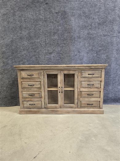 Solid Mango Wood Buffet Cabinet With Glass Fronted Doors and 8 Drawers. - Etsy