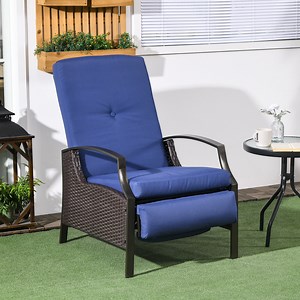 Outsunny Outdoor Recliner Chair, Reclining Patio Lounge Chair with Comfy Cushions, Footrest, Armrests, PE Wicker for Balcony, Porch, Dark Blue