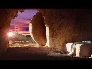 View From Inside Easter Grave With Flowing Shroud Of Turin Sunrise Clouds To Calvary 4K Background