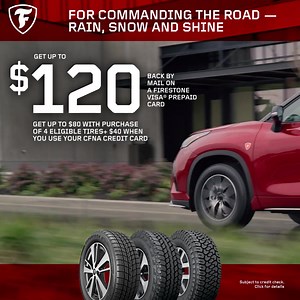 Your next adventure is built to last with Firestone Tires. Now through November 8, 2021, get up to $120 back on a Firestone Visa® Prepaid Card when your purchase 4 eligible Firestone Tires. | Firestone Tires